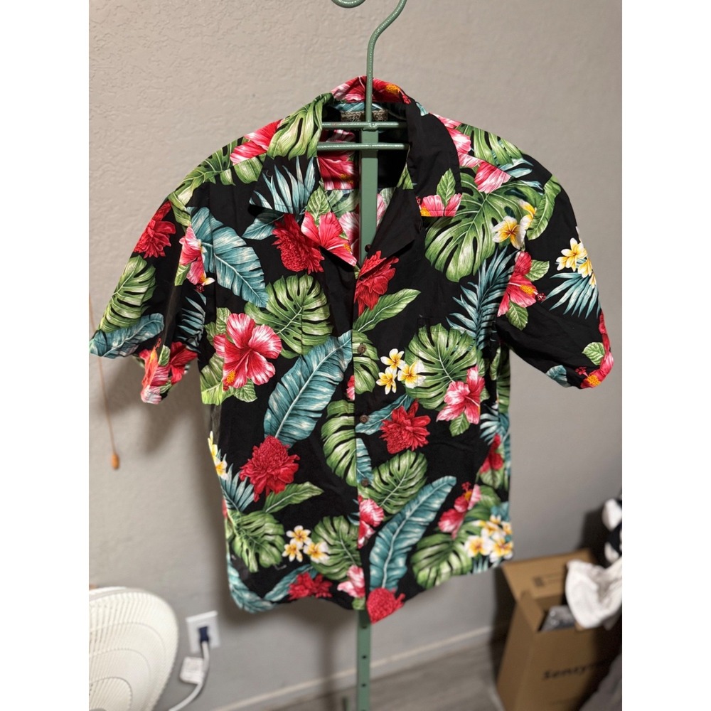 Blue Hawaii Hawaiian Shirt Mens L Black Floral Tropical Aloha Rayon Button Front